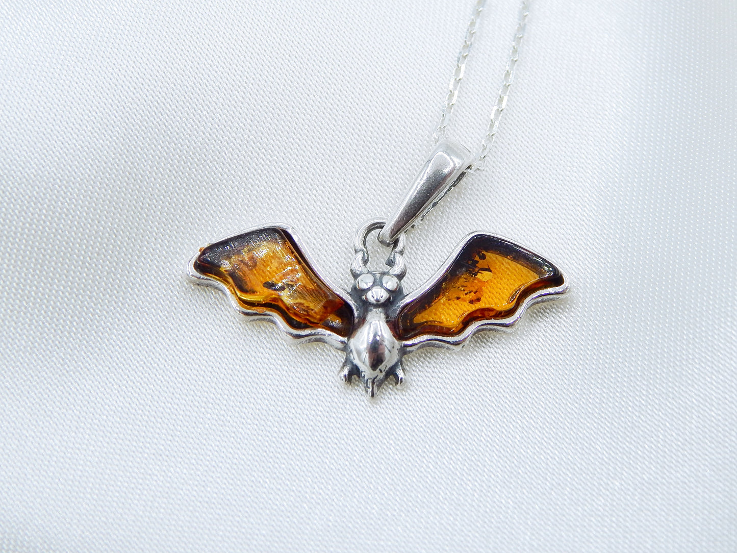 Natural Baltic Amber "Happy Bat" Necklace in 925 Sterling Silver