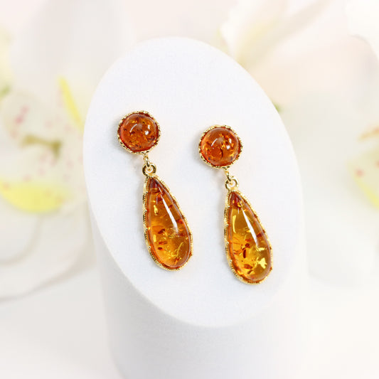 Natural Baltic Cognac Amber Delicate Dangle Earrings in 14k Gold Plated s925