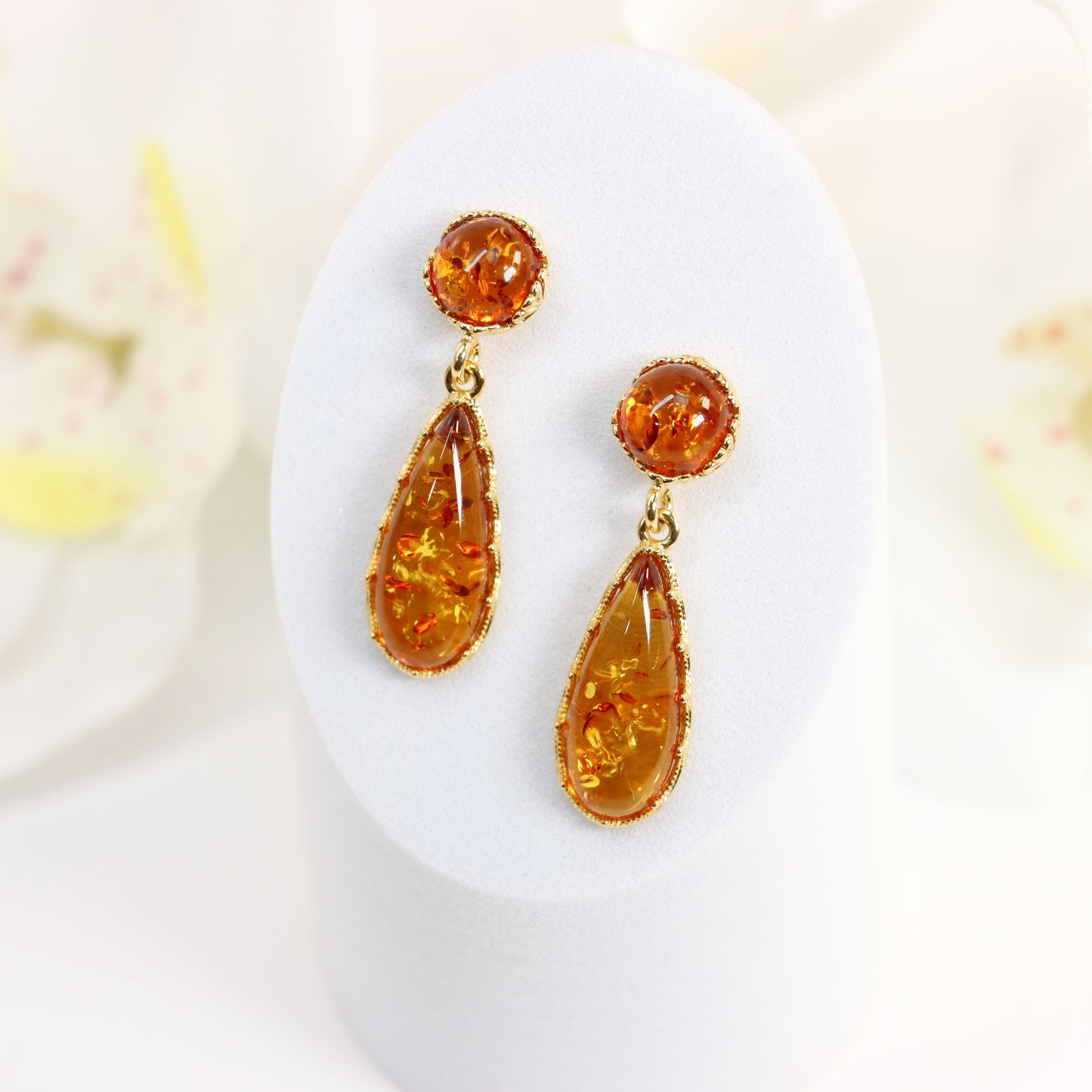 Natural Baltic Cognac Amber Delicate Dangle Earrings in 14k Gold Plated s925