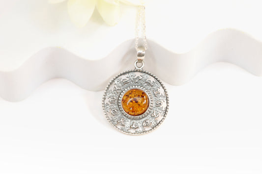 Natural Baltic Cognac Amber Hieroglyph Pendant Necklace in 925 Sterling Silver
