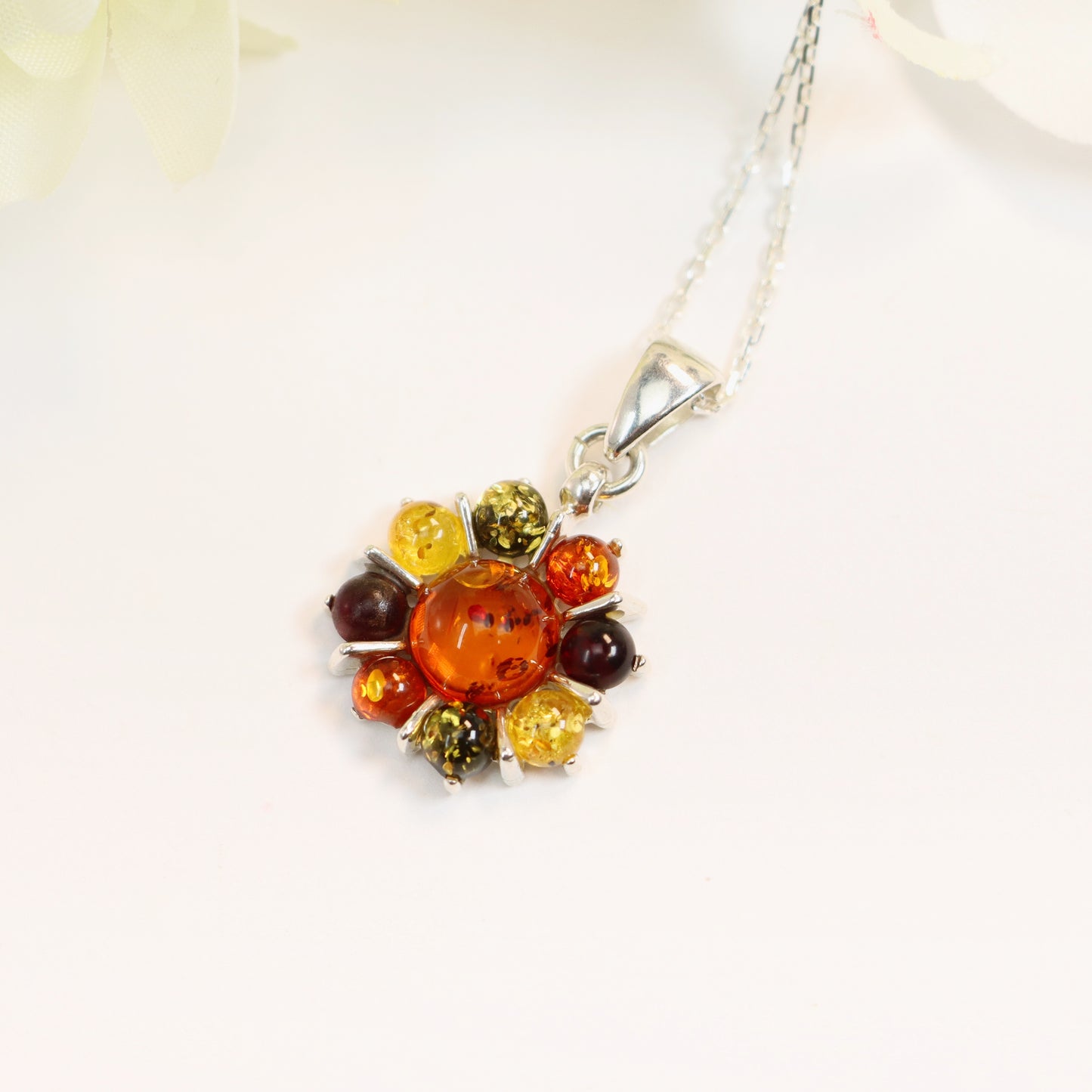Natural Baltic Multicolor Amber Starburst Flower Pendant Necklace in 925 Sterling Silver
