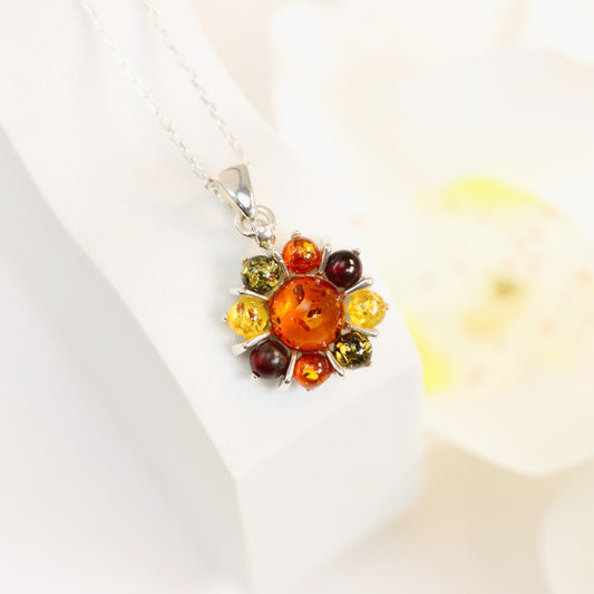 Natural Baltic Multicolor Amber Starburst Flower Pendant Necklace in 925 Sterling Silver