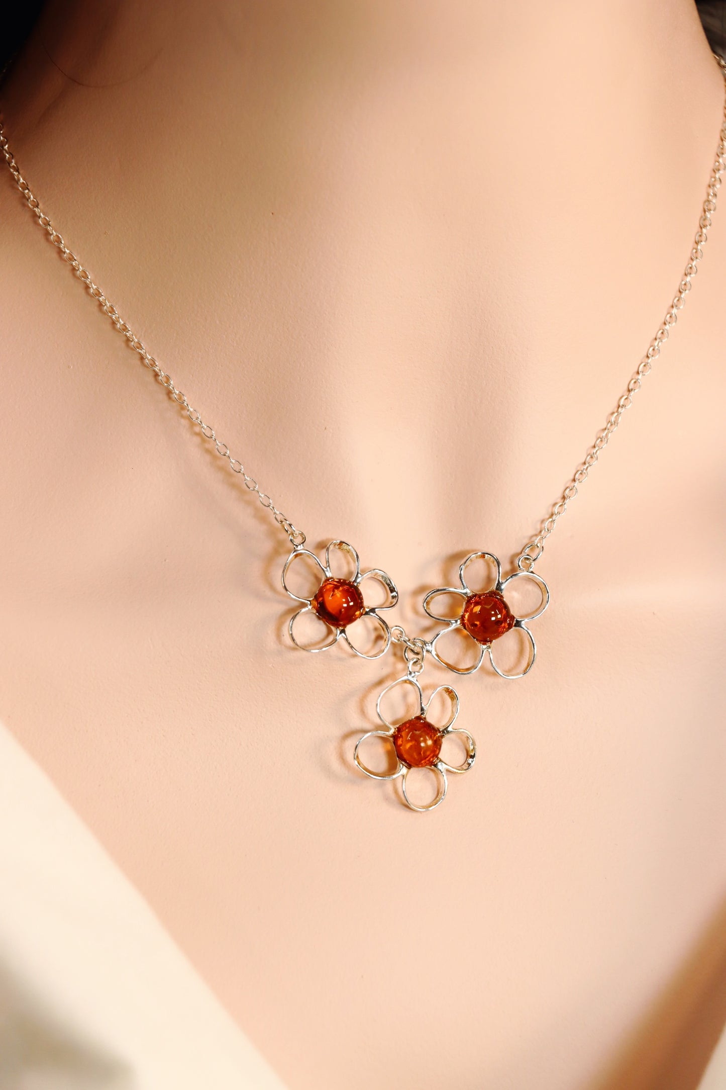 Natural Baltic Cognac Amber Flower Child Necklace in 925 Sterling Silver