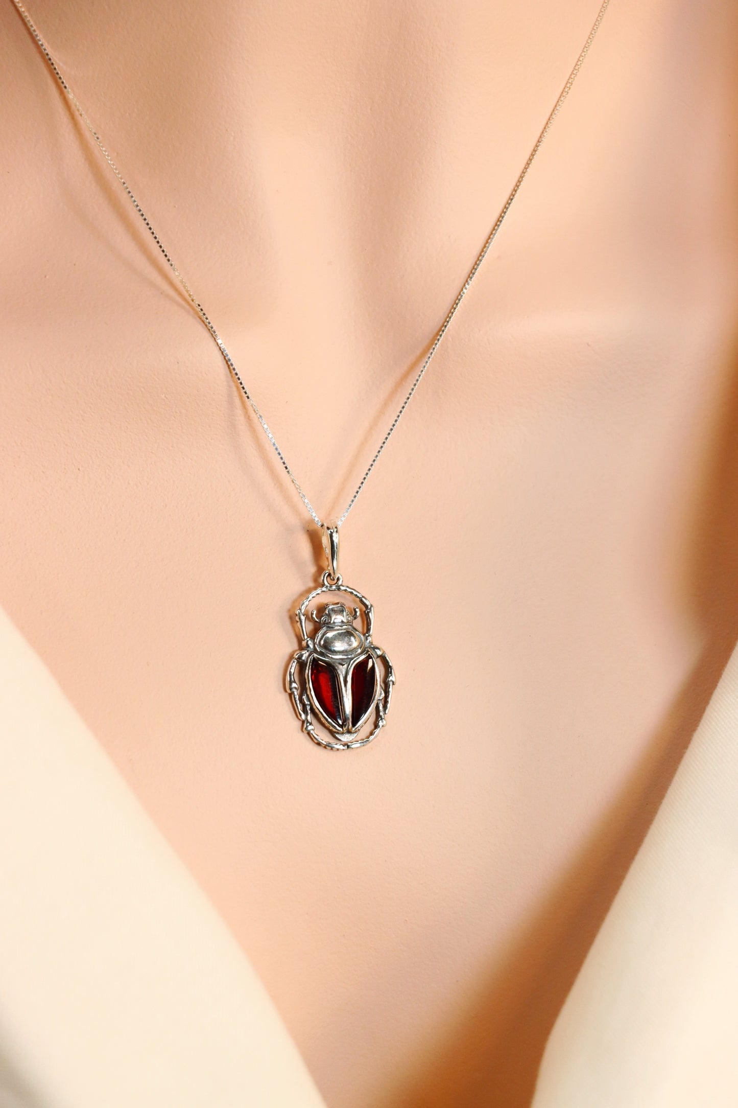 Natural Baltic Cherry Amber Scarab Pendant Necklace in 925 Sterling Silver