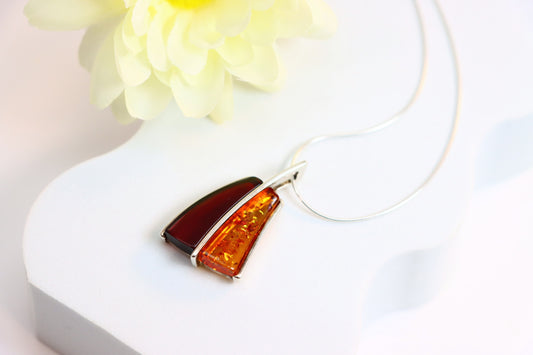 Natural Baltic Lithuanian Cherry and Cognac Amber Modern Boho Necklace in 925 Sterling Silver