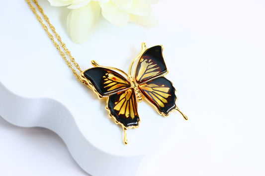 Natural Baltic Amber Monarch Butterfly Pendant Necklace in 14k Gold Plated s925