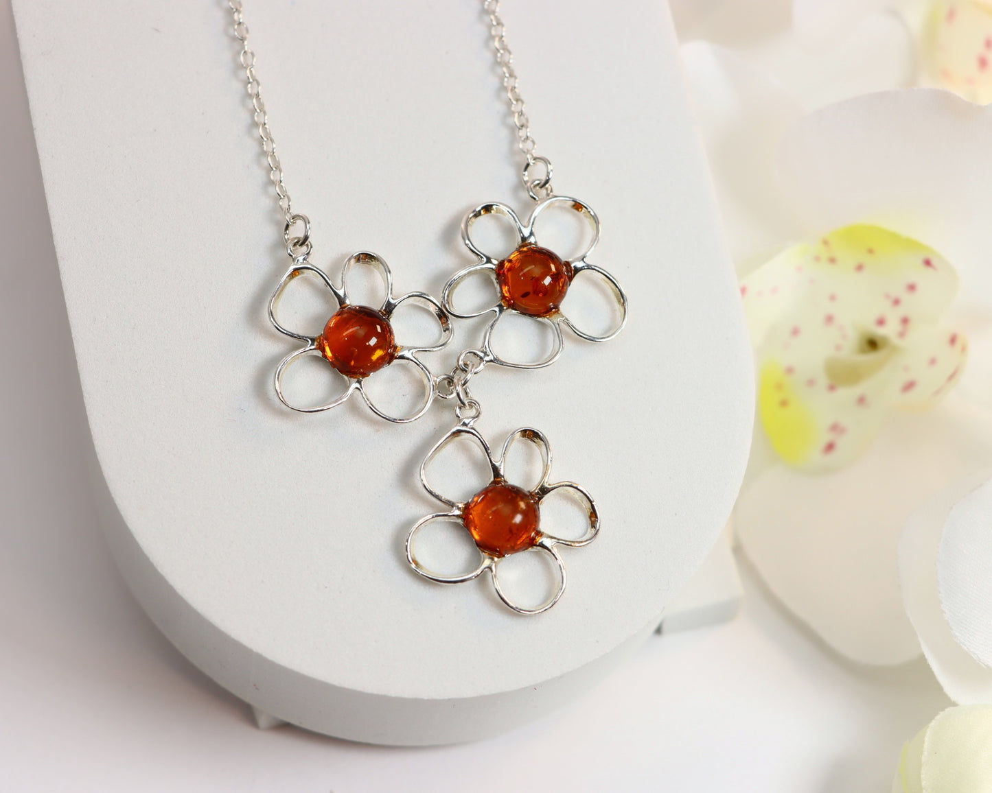 Natural Baltic Cognac Amber Flower Child Necklace in 925 Sterling Silver