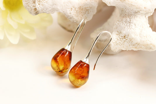 Natural Baltic Lithuanian Amber Ombre Teardrop Earrings in 925 Sterling Silver