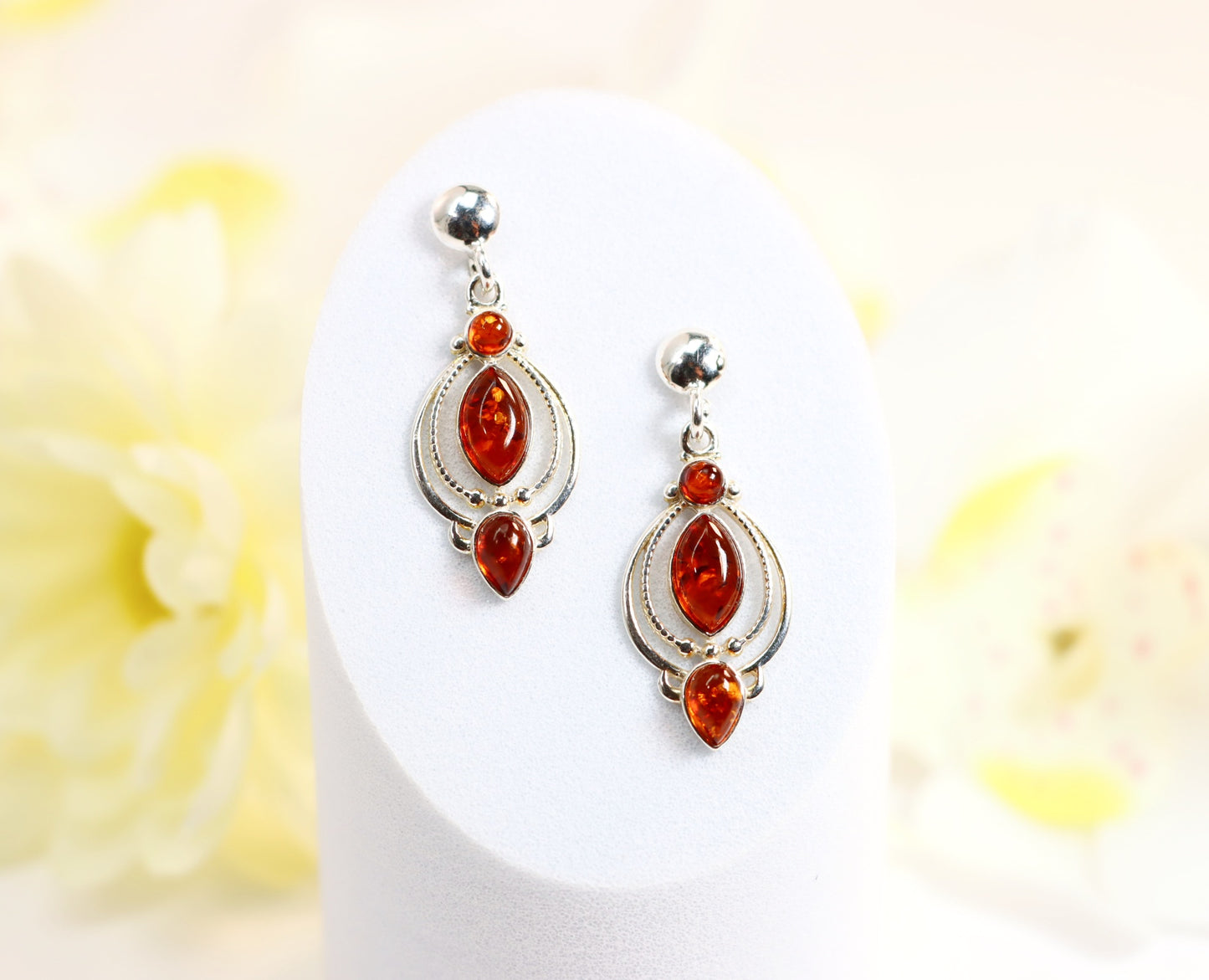 Natural Baltic Cognac Amber Victorian Dangle Earrings in 925 Sterling Silver