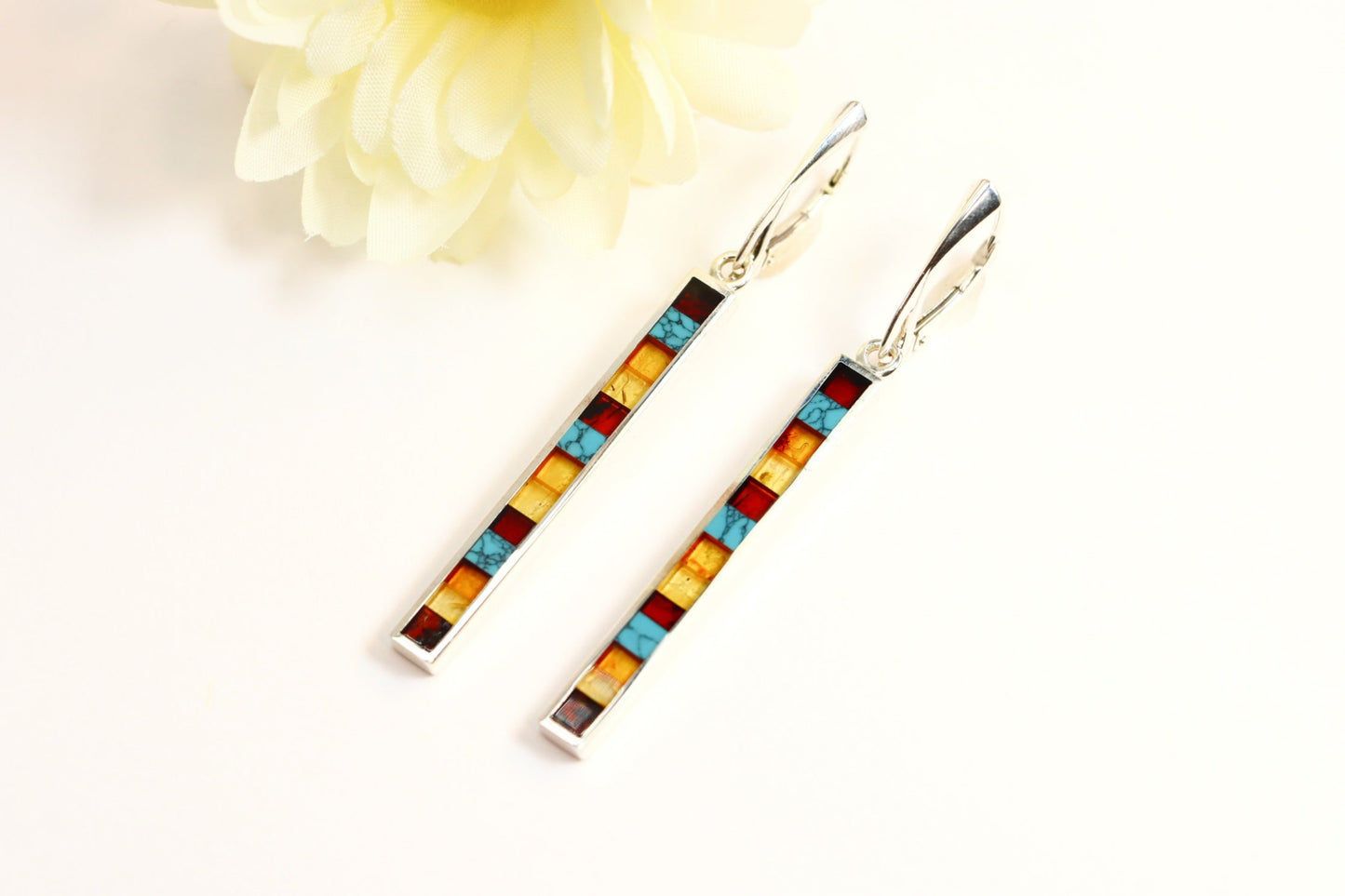 Natural Baltic Amber and Turquoise Mosaic Modern Earrings