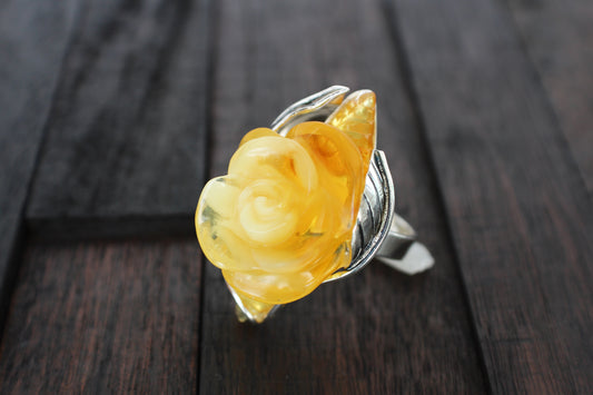 Natural Baltic Lemon Amber Hand-Carved Rose Ring