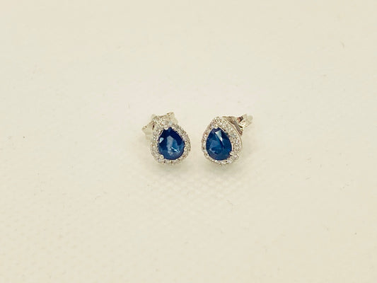 18K Solid White Gold Pear Cut Sapphire Diamond Halo Earrings