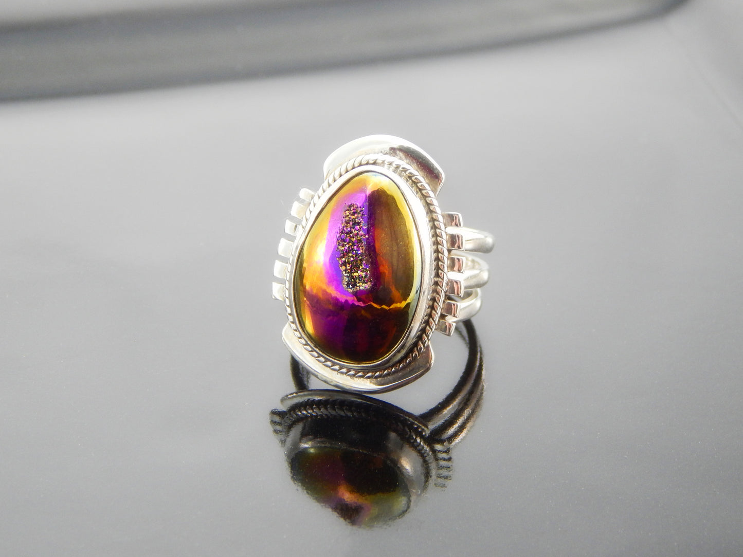Pink and Gold Druzy Gemstone Ring in 925 Silver