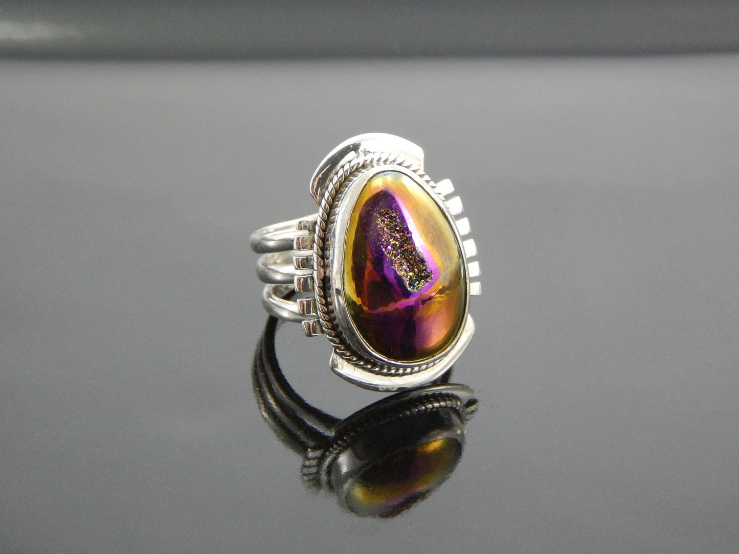 Pink and Gold Druzy Gemstone Ring in 925 Silver