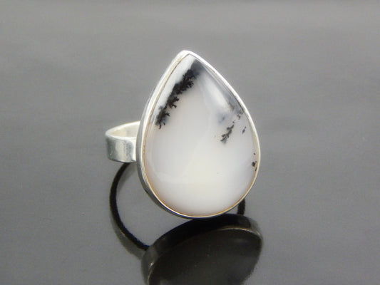 Natural Dendritic Opal Pear Cut Ring in 925 Silver