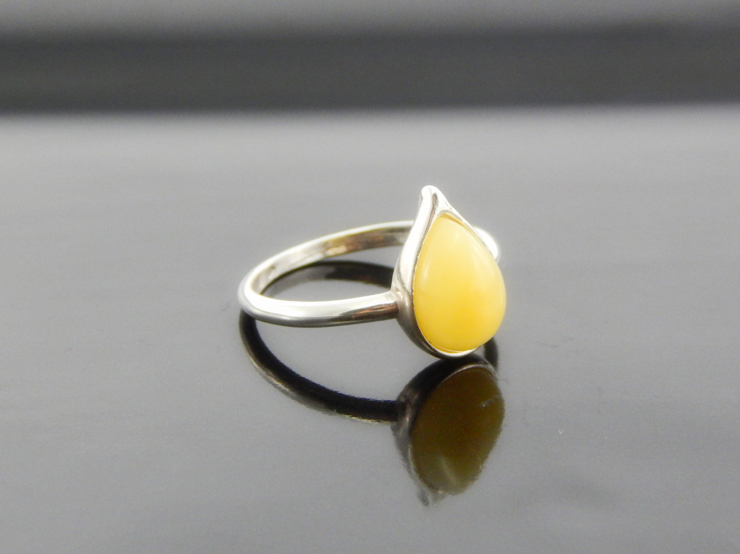 Natural Baltic Butterscotch Amber Tear Drop Ring in 925 Silver