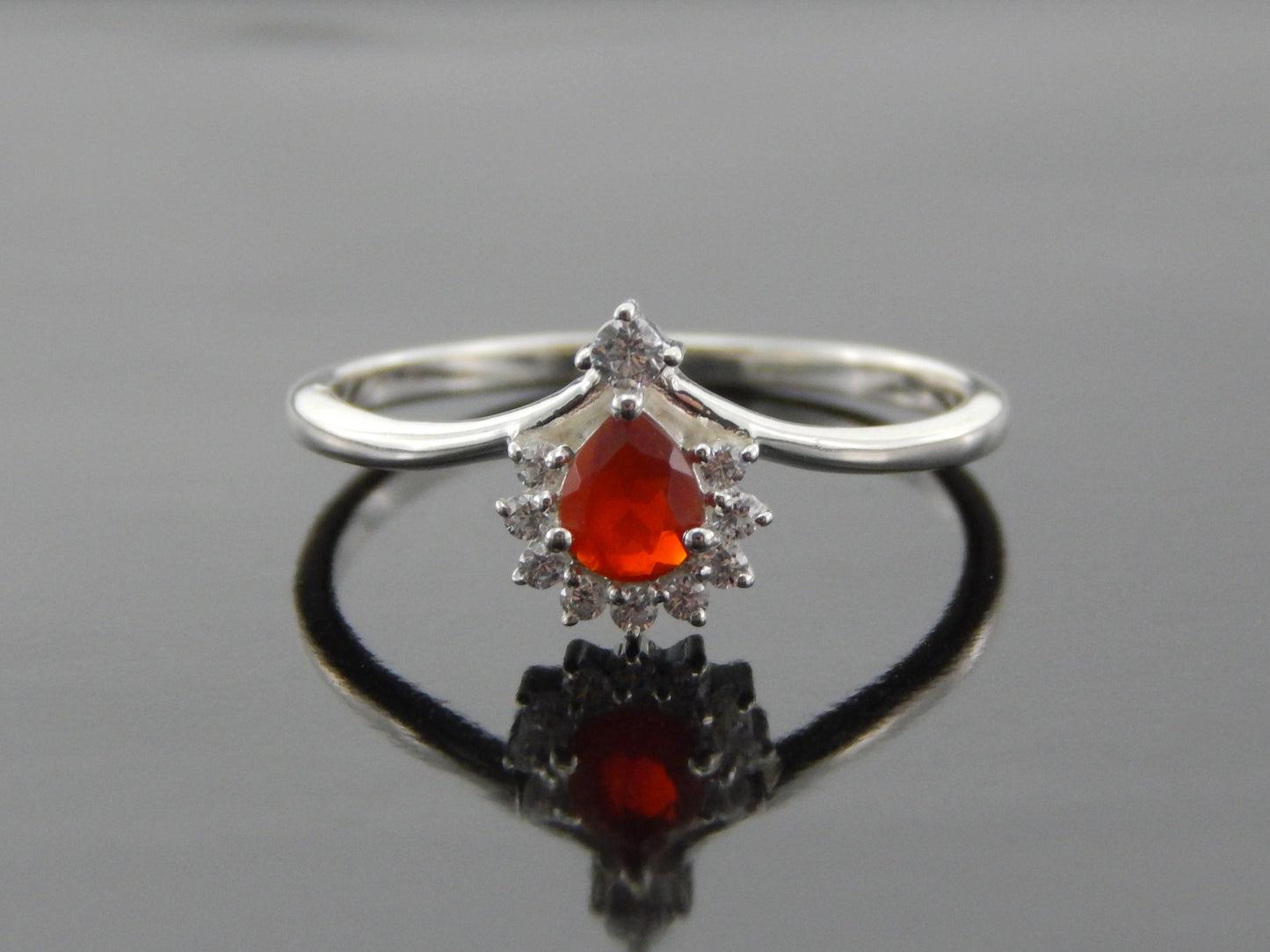 Genuine Mexican Fire Opal Pear Cut Ring in 925 Silver