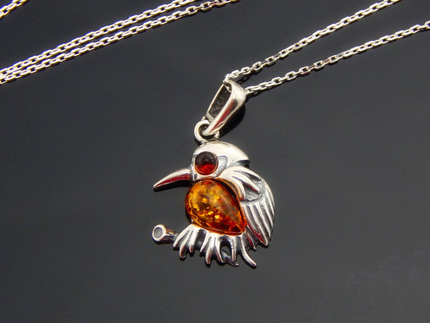Natural Baltic Cognac and Citrine Amber Bird Pendant in .925 Silver