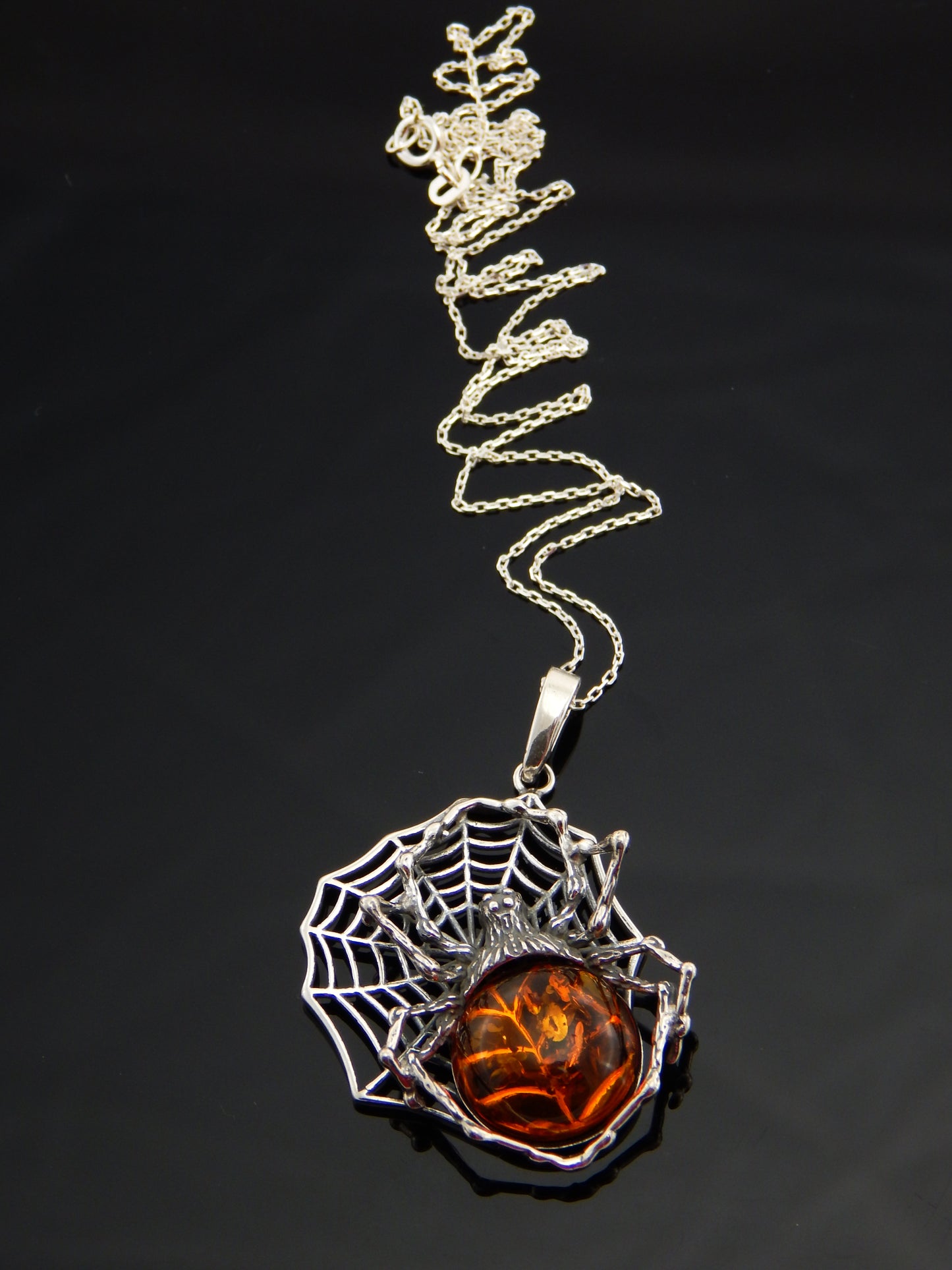 Natural Baltic Cognac Amber Large Spider Pendant Necklace in 925 Sterling Silver