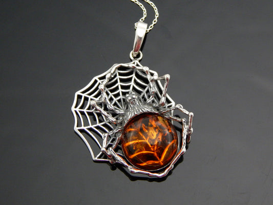 Natural Baltic Cognac Amber Large Spider Pendant Necklace in 925 Sterling Silver