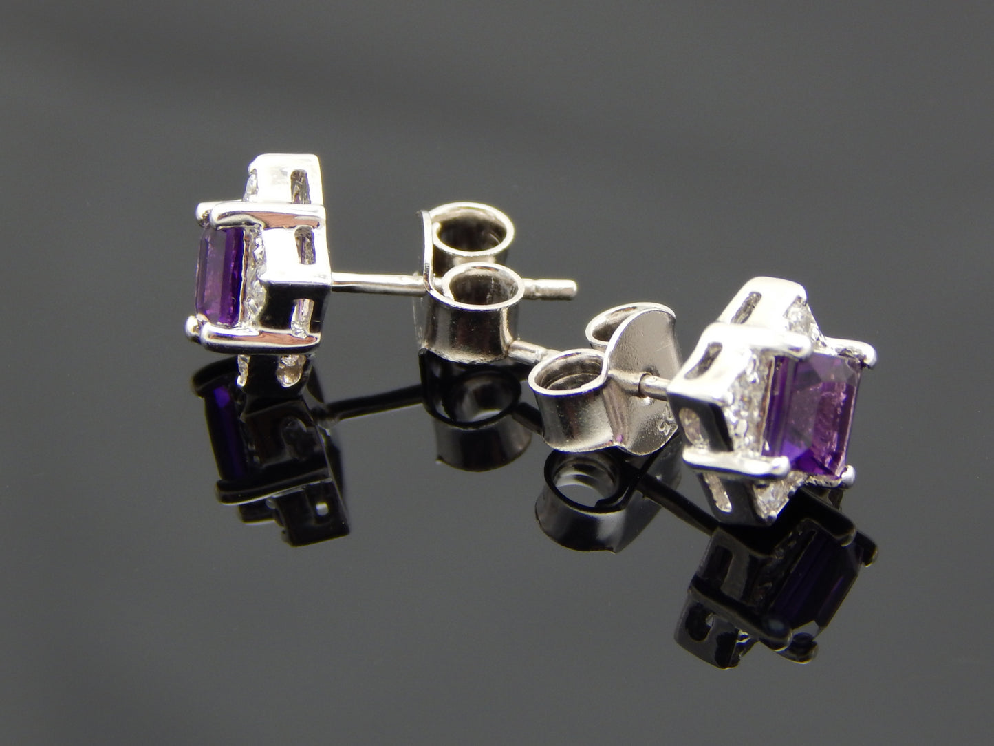 Genuine Purple Amethyst Cushion Cut Stud Earrings in 925 Sterling Silver