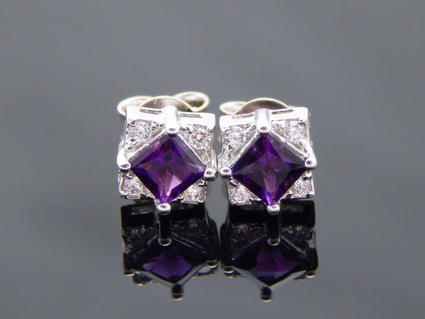 Genuine Purple Amethyst Cushion Cut Stud Earrings in 925 Sterling Silver