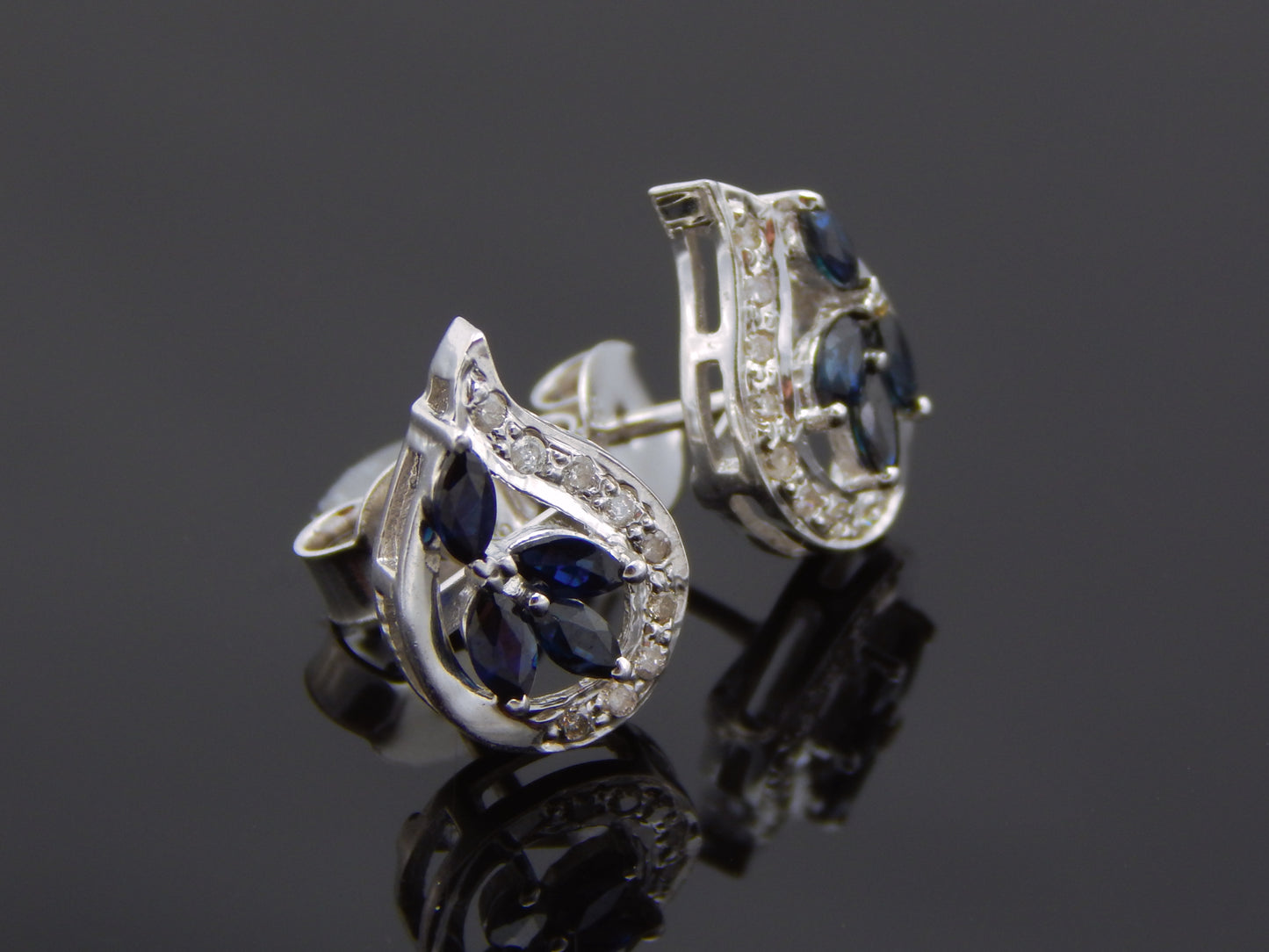 Genuine Blue Sapphire and Diamond Earrings in 925 Sterling Silver