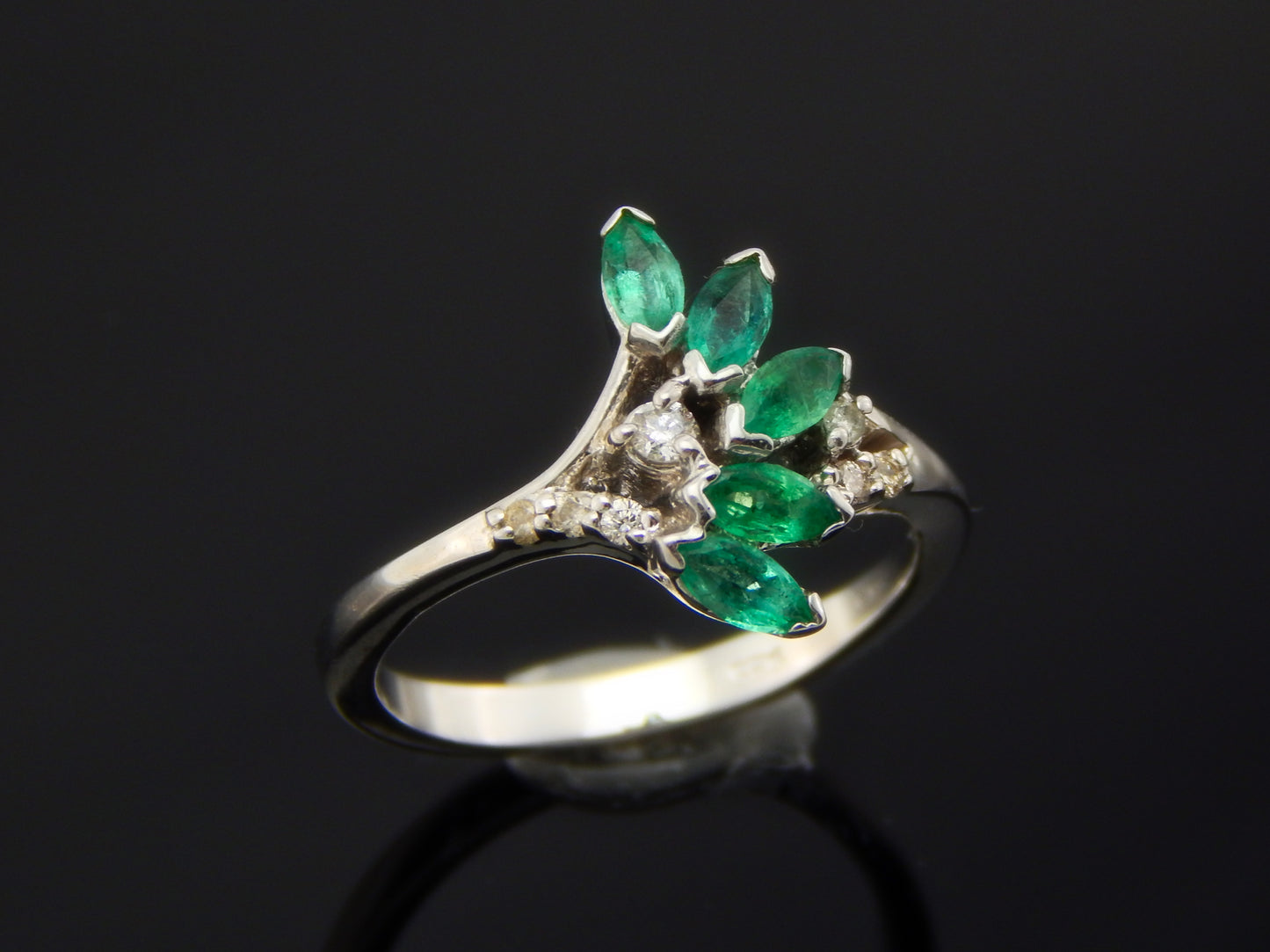 Genuine Emerald and Diamond Leaf Ring in 925 Silver