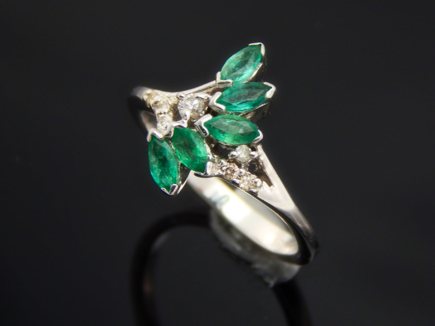 Genuine Emerald and Diamond Leaf Ring in 925 Silver