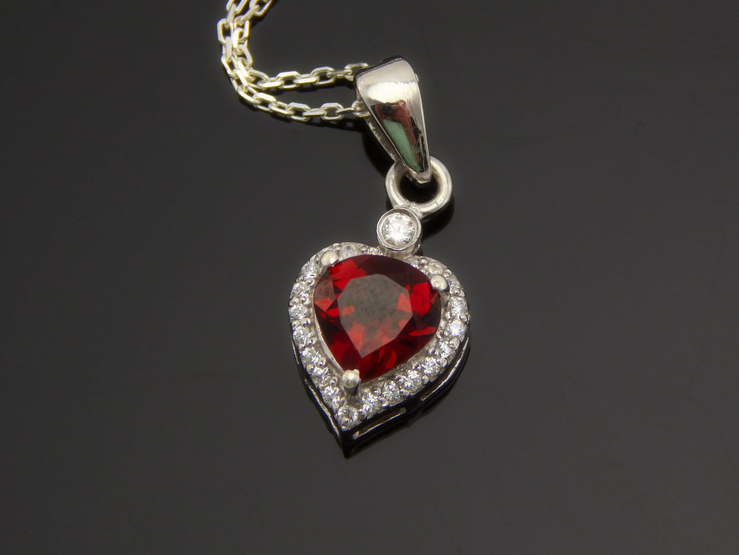 Natural Garnet and Diamond Heart Necklace in 925 Sterling Silver