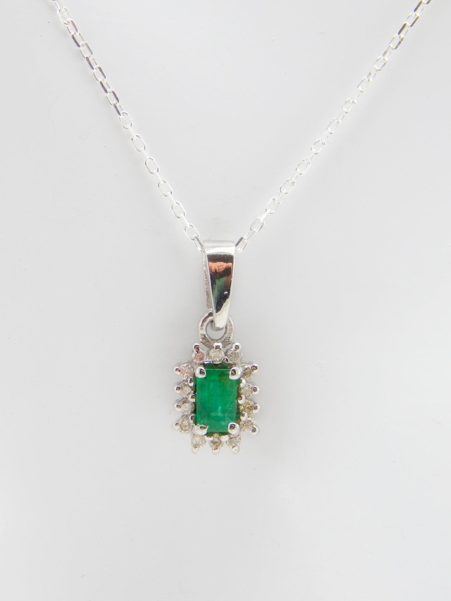 Emerald and Diamond Pendant Necklace in 925 Sterling Silver