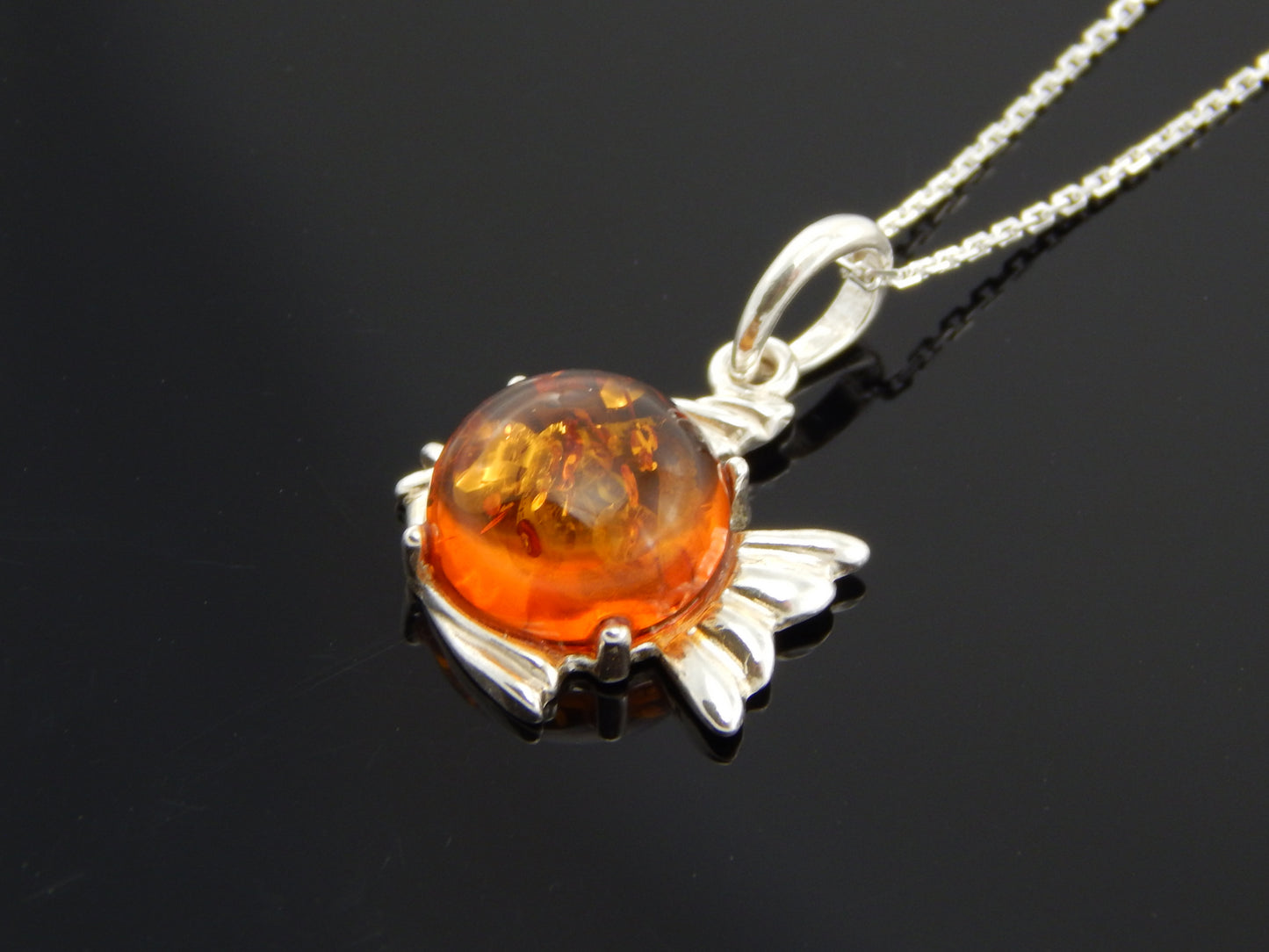 Natural Baltic Cognac Amber Tiny Fish Pendant in 925 Sterling Silver