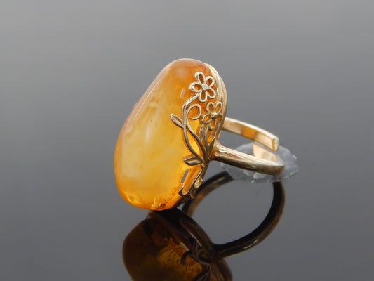 Natural Baltic Honey Amber 14K Gold Plated Daisy Adjustable Ring