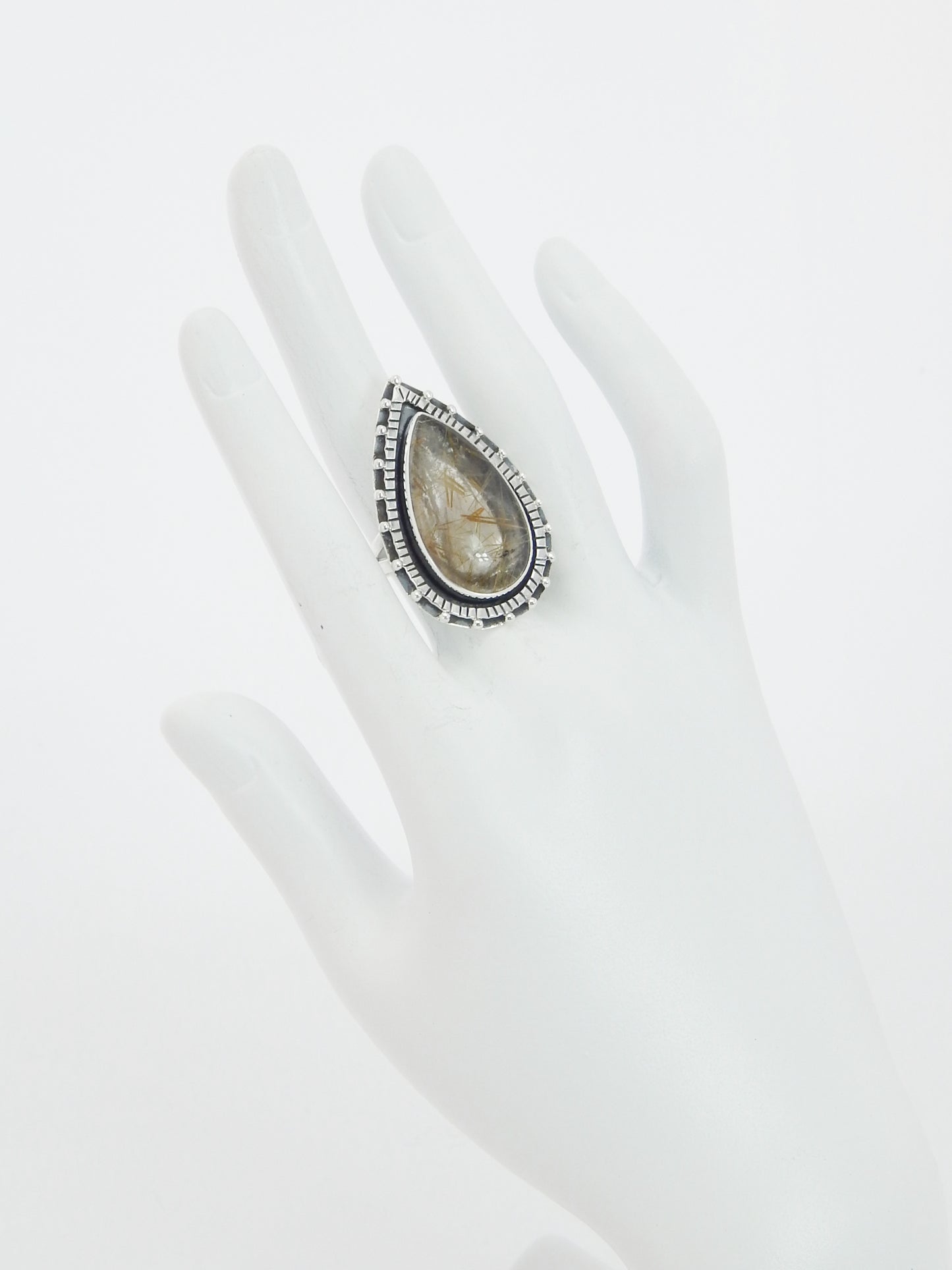 Genuine Gold Rutile Pear Cut Boho Ring in 925 Stelring Silver