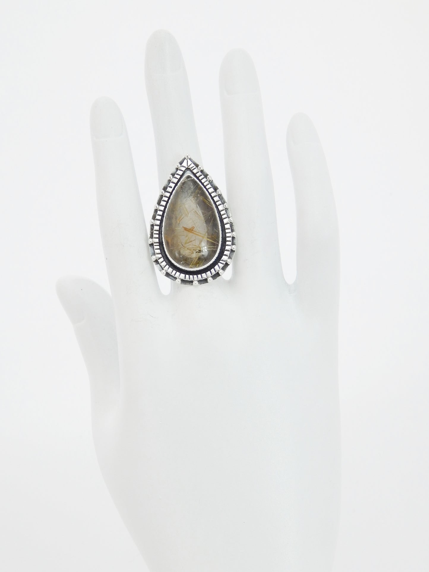 Genuine Gold Rutile Pear Cut Boho Ring in 925 Stelring Silver