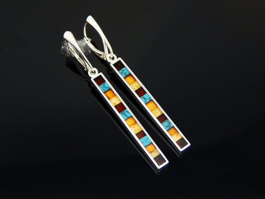 Natural Baltic Amber and Turquoise Mosaic Modern Earrings