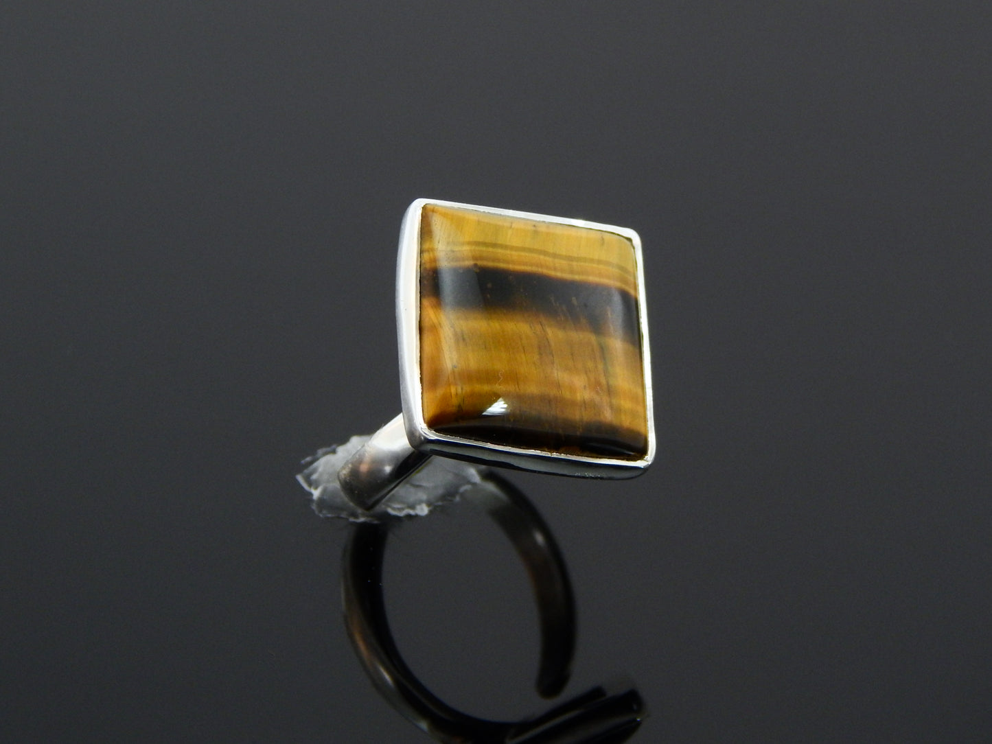 Genuine Square Cut Tigers Eye Adjustable Ring in 925 Sterling Silver