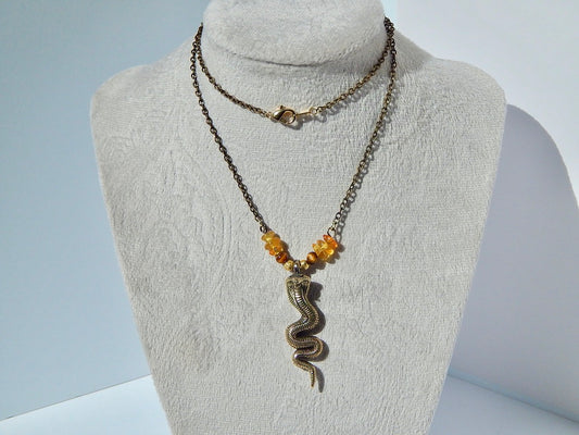 Natural Baltic Amber Brass Cobra Pendant Necklace