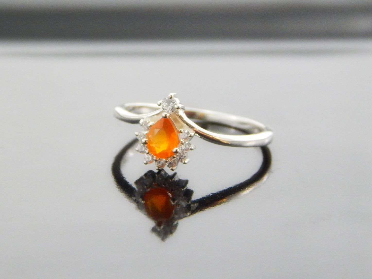 Genuine Mexican Fire Opal Pear Cut Ring in 925 Silver